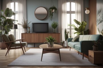 Spring Styled Mid Century Modern Living Room Interior with Teak Coffee Table and Indoor Plants Made with Generative AI