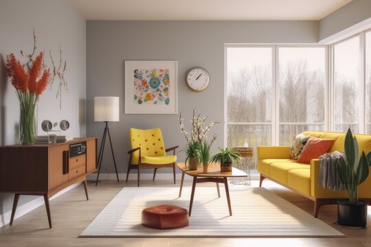 Natural Light in Modern Living Room with Yellow Accent Seating and Walnut Wood Furniture in Summer Made with Generative AI