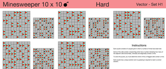 5 Hard Minesweeper 10 x 10 Puzzles. A set of scalable puzzles for kids and adults and ready for web use, or to be compiled into a standard or large print activity book.