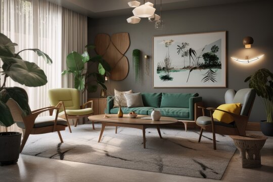Clean Apartment Living Room Interior with Styled Space and Sustainable Furniture Made with Generative AI