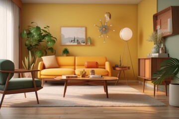 Calm Clean Living Room Interior in Apartment with Yellow Walls and Console Tables Made with Generative AI
