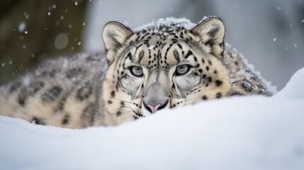 Fototapeta na wymiar A Snow Leopard hiding in the snow