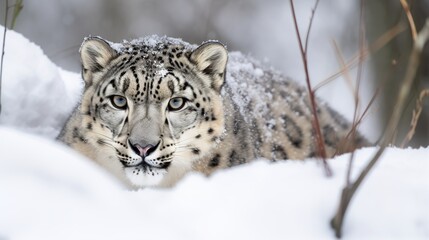 Fototapeta premium A Snow Leopard hiding in the snow