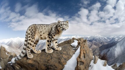 A Snow Leopard perched on a rocky outcrop