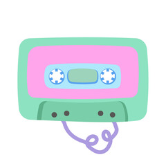 Cassette with tangled tape in retro nostalgia y2k style, color green, pink and blue