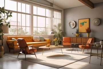 Sunny Spring Mid Century Modern Interior with Orange Accent Furniture and Large Windows and Wood Beam Made with Generative AI