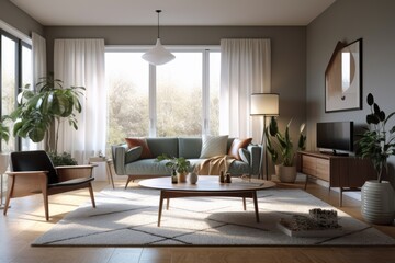 Fototapeta na wymiar Staged Furniture and Clean Family Room Interior in Spring Apartment Made with Generative AI