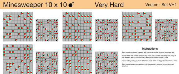 5 Very Hard Minesweeper 10 x 10 Puzzles. A set of scalable puzzles for kids and adults and ready for web use, or to be compiled into a standard or large print activity book.