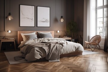 Calm Grey Modern Luxury Bedroom Interior with Hardwood Floors and Photo Frames Made with Generative AI