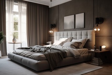 Calm Grey Modern Luxury Bedroom Interior with Puffy Fabric Headboard and Wall Sconces and Photo Frames Made with Generative AI