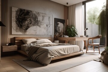 Obraz premium Luxury Beige Primary Bedroom with Spring Decor and Large Wall Art Above Bed Made with Generative AI