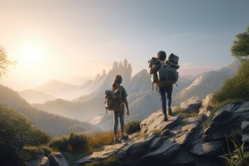 Obraz premium Spring Duo Hikers with Gear with Mountain Landscape Views Made with Generative AI