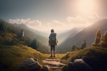 Fototapeta premium Spring Mountain Views with Young Hiker Overlooking The Landscape Made with Generative AI