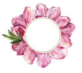 Spring cherry blossom, floral round frame for wedding invitation card, watercolor romantic handmade illustration. Decorative element
