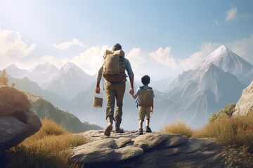 Obraz premium Son and Father Hiking Together at The Top of The Mountains with Scenic Jungle Views Made with Generative AI