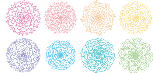 Flowers hand drawn in form of mandala pattern set with color