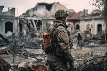 Fototapeta na wymiar Soldier Amidst Ruins, Fighting Terrorism. Generative AI