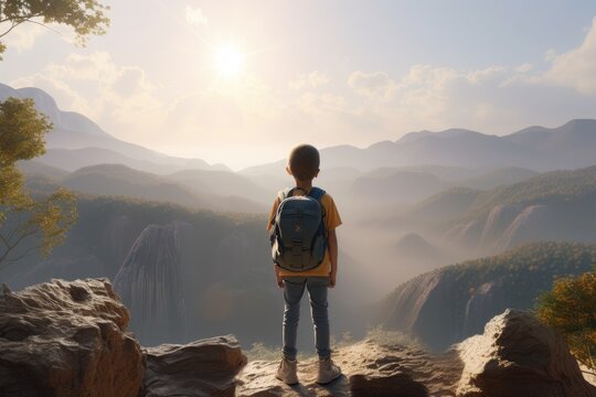 Young Kid Hiking Through Nature Standing At The Edge of a Mountain at Sunrise Made with Generative AI