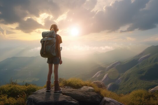 Beautiful View with Young Girl Hiking Through Nature Made with Generative AI