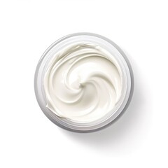 top view shot of cosmetic jar of white cream, isolated on white background, blank cosmetic product