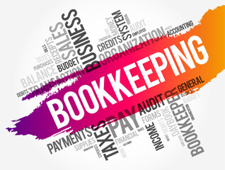 Bookkeeping is the recording of financial transactions, and is part of the process of accounting in business, word cloud concept background