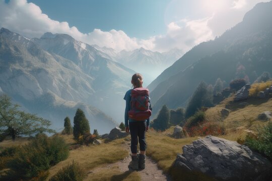 Young Girl Hiking In The Alps Mountain Range with Meadows and Rocks Made with Generative AI