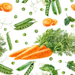 Watercolor seamless pattern with fresh green pees and carrot background, closeup, botanical illustration.