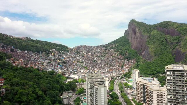 Aerial footage of favela da Rocinha, the Biggest Slum in Latin America. Located in Rio de Janeiro, Brazil