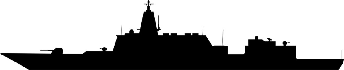 Warship black silhouette. Naval ship shape. Naval vessel from the side view. © VIT VECTOR ART