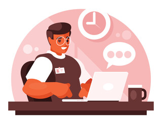 Programmer works. The programmer is working on a laptop. Tech support man performing a task. Deadline concept. Vector graphics