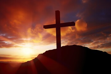 cross in the sunset, wooden cross on top of a hill bathed in warm sunlight during sunset