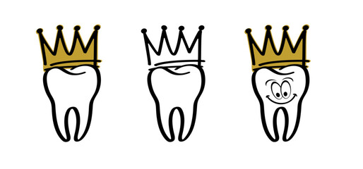 Cartoon tooth with gums and golden crown, Molar line pattern. Dental crown or dental implant. Vector damage teeth brush or tooth brush with caries. Teeth cap. Dental care concept.