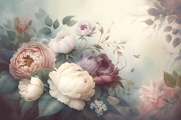 Pastel floral background, featuring a romantic and dreamy landscape, with delicate roses, peonies, and other flowers, Generative AI