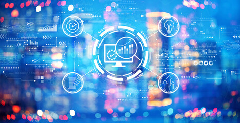 Obraz premium Marketing Strategy concept with blurred city lights at night