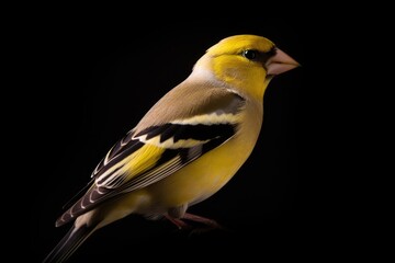 Goldfinch profile on dark background. Bird photography. Generative AI.