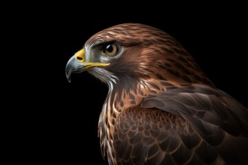 Hawk portrait on dark background. Bird photography. Generative AI.