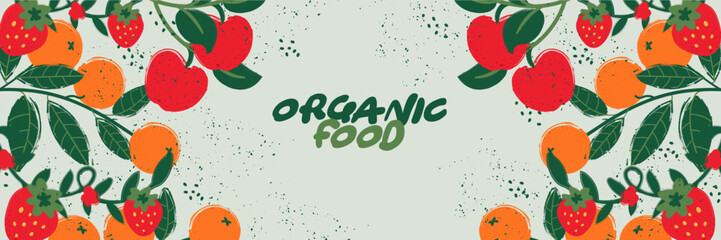 Trendy design, hand painted strokes and dots, Modern minimal style. Fruits and foliage geometry. Great for flyer, web poster, natural products presentation templates, cover design, vector.