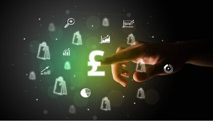 Businessman finger touching on screen multimedia interface with hand drawn currency icons