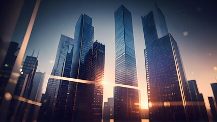 Fototapeta na wymiar Tall buildings at sunset, generative AI