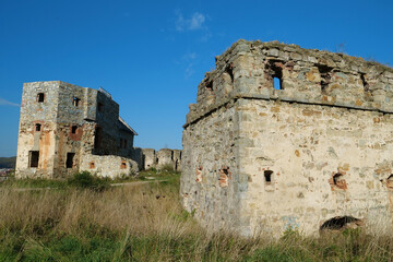 Stone tower in Pniv Castle - medieval historical object in western Ukraine