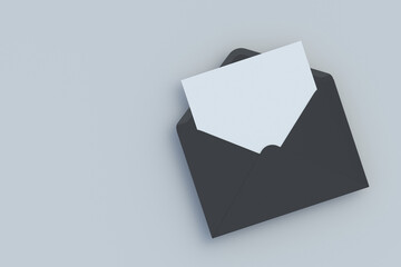 Postal envelope with blank paper sheet. Business correspondence. Top view. Copy space. 3d render