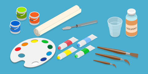 3D Isometric Flat Vector Set of Painter Tools, Equipment for Craft and Drawing