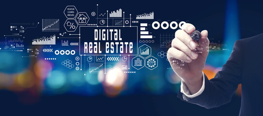 Digital Real Estate concept with businessman in a city at night