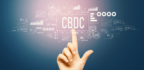 CBDC - Central Bank Digital Currency Concept with hand pressing a button on a technology screen