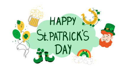 Happy Saint Patricks day lettering sign with clover leaves and green hat