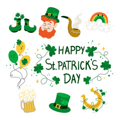 Happy Saint Patricks day lettering sign with clover leaves and green hat