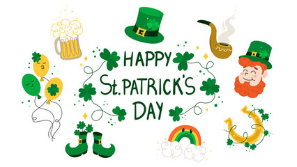 Happy Saint Patricks day lettering sign with clover leaves and green hat