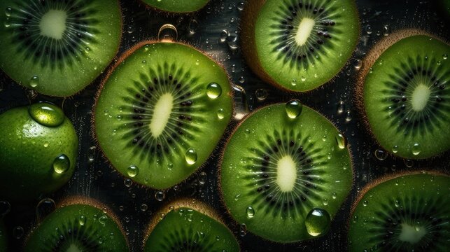kiwi fruit with water drops on a black background, overhead angle shot