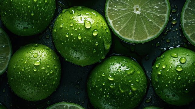 fresh green lime fruit with visible water drops, top view