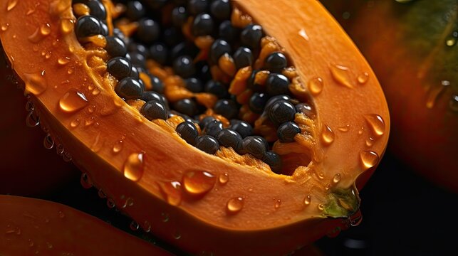 Papaya fruit on a black background with drops of water
